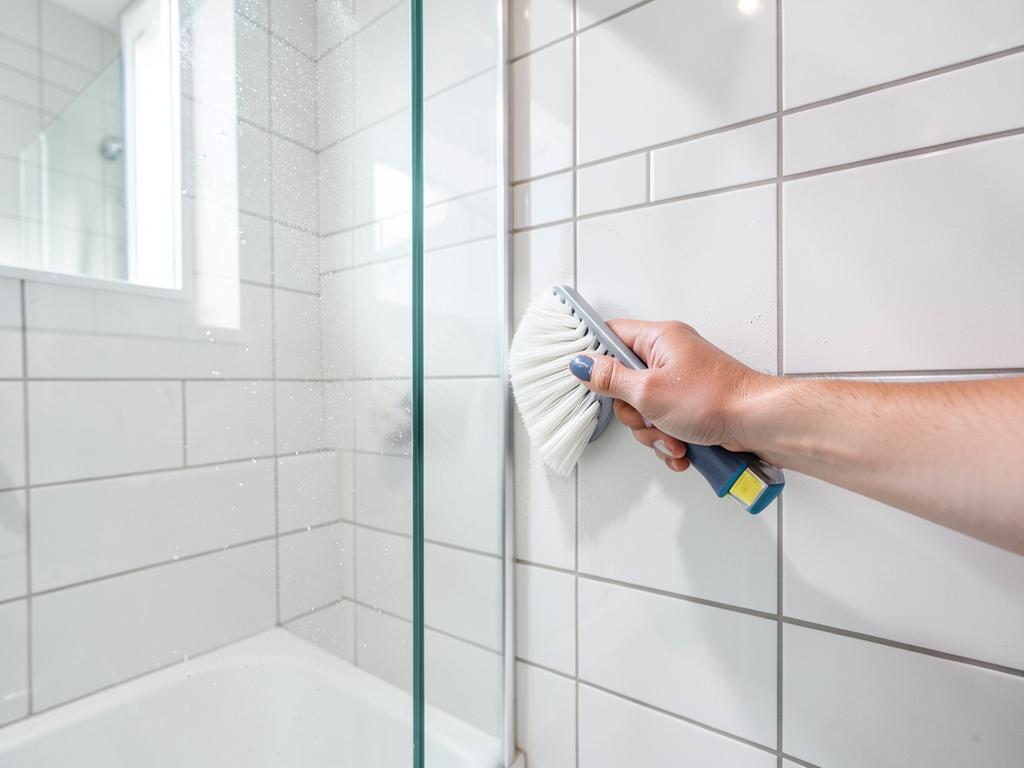 Cleaner scrubbing shower tile and grout in a spotless modern bathroom