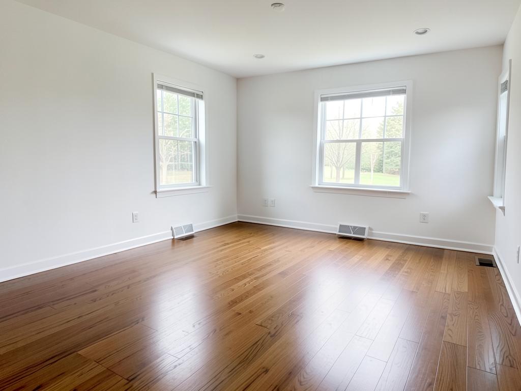 Completely empty room with freshly cleaned hardwood floors and spotless white walls
