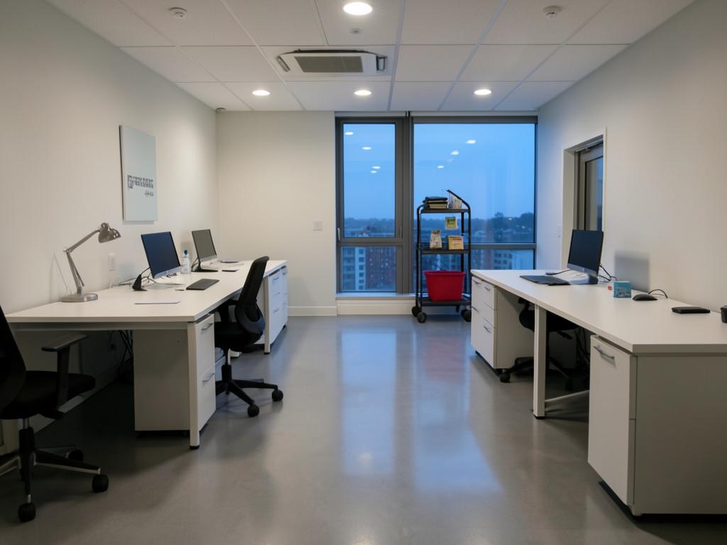 Tidy small office with clean desks and polished floors after an evening cleaning visit