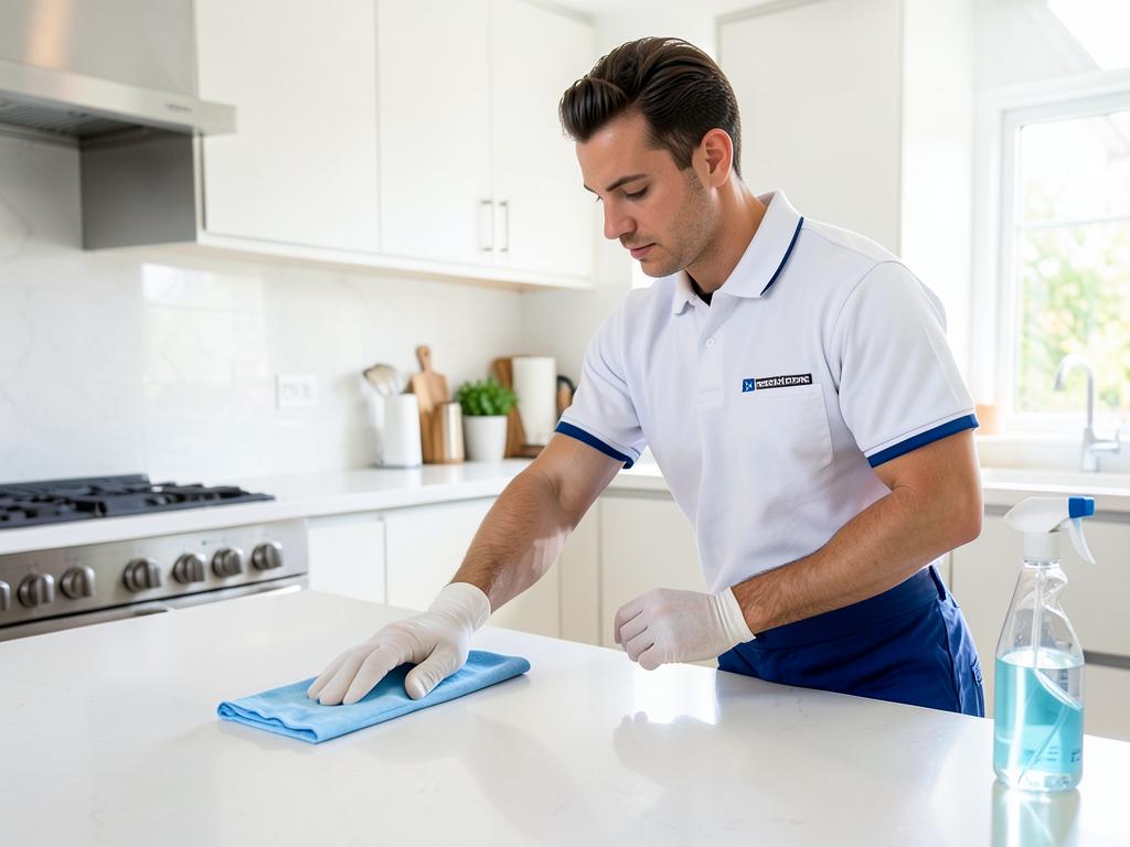 Uniformed house cleaner wiping down a bright kitchen countertop with a microfiber cloth