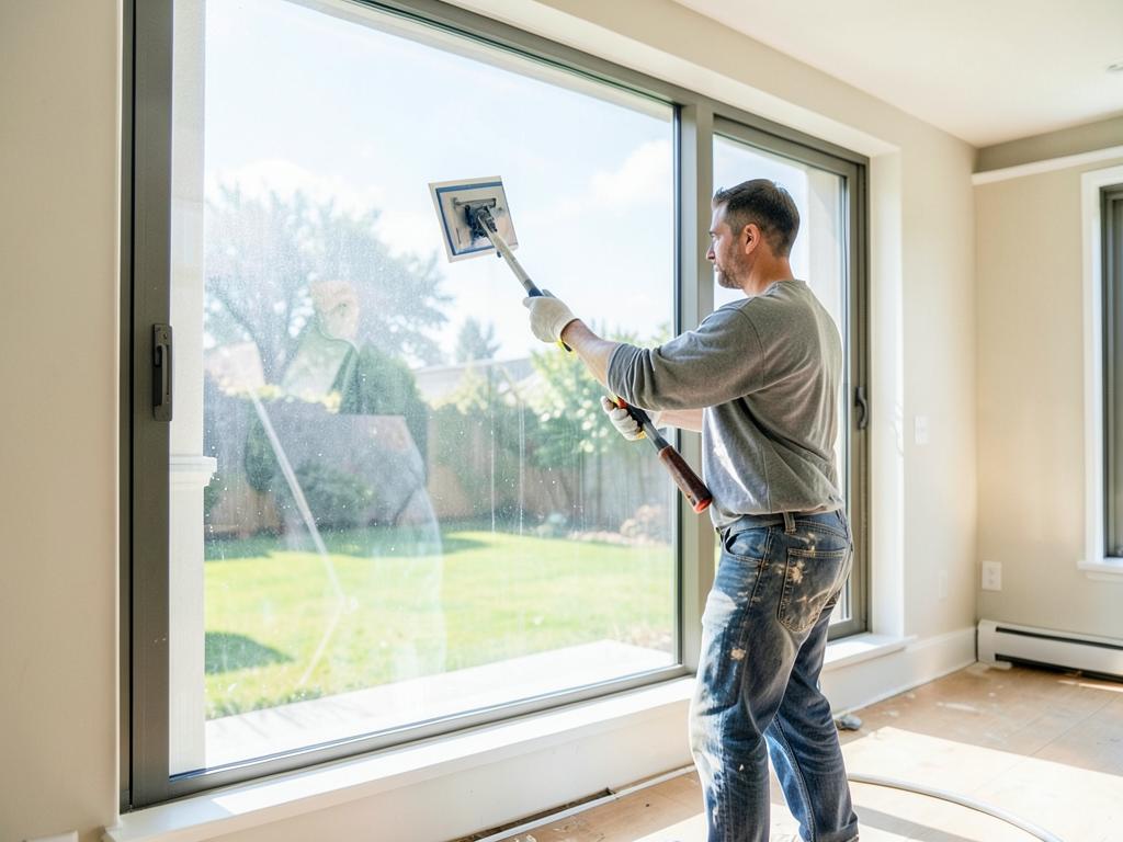 Worker cleaning a large window with a squeegee inside a bright newly finished home